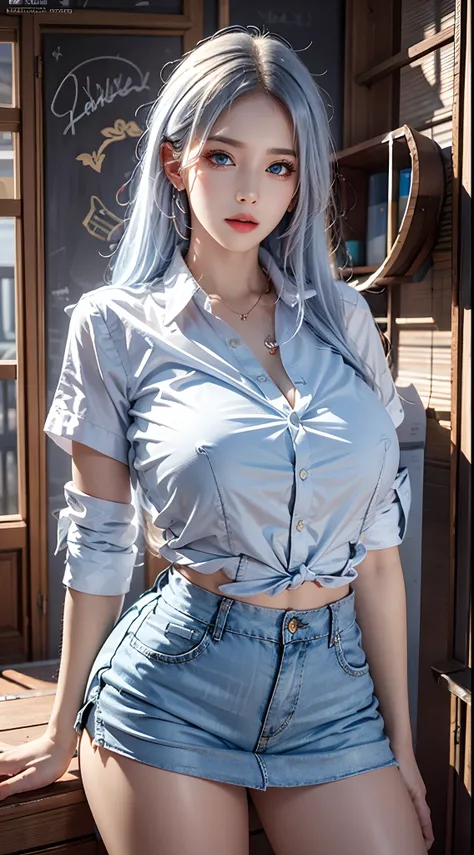 photorealistic, high resolution, soft lights, 1women, solo, hips up, look at viewer, (detailed face), blue eyes, white hair, long hair, huge breasts, school uniform, shirt, button shirt, skirt, tattoo, colorful clothing, jewelry