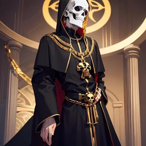 Skeleton in a priests cassock, Behind his back he has gold chains with skulls