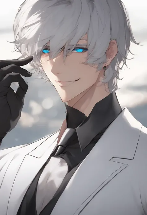 Side dorsal head, eBlue eyes, cool guy, White hair, Seductive smile, hyper HD, blacksuit, white skinned, Persona diagram, The upper part of the body, Pan, High detail