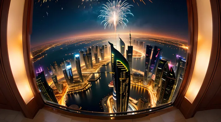 create a luxurious casino room with night view of the Dubai city through glass, Dubai night city with firework