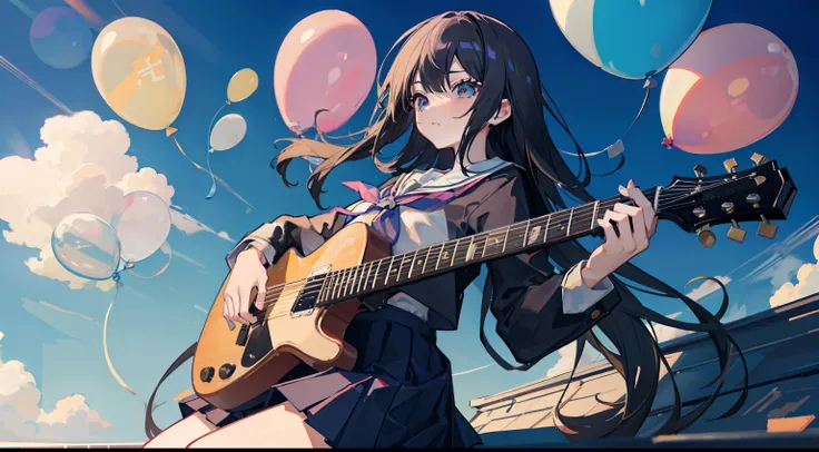 masutepiece, Fine details, 4K, 8K, 12K, Solo, Solo, Beautiful Girl, caucasian female, Black hair, Long hair, Sailor Suit, Blue pleated skirt, Playing guitar, Detailed background, School rooftop, Blue sky, March, many balloons、Colorful balloons