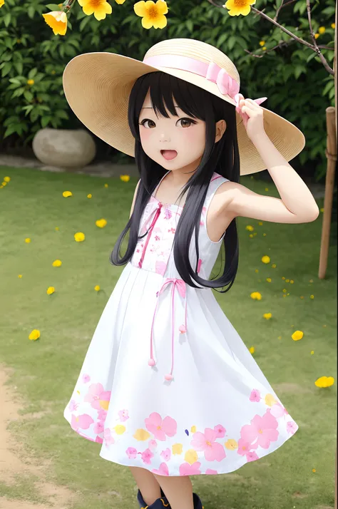 女の子1人、鎖骨、florals、Hats、Windy, Thats why Im wearing a hat、Yawning face、Longer dress、length hair、bow ribbon、Sleeveless、a straw fedora hat、Eye Up、yellow  eyes、There is a flower in the foreground、Petals are fluttering、butterflys々is flying、kawaii pose、Im wearing...