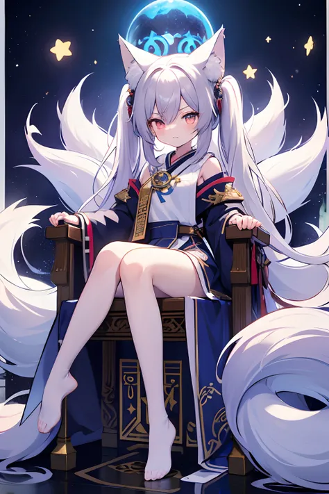 starnight, fullbody, miko, twintails, floating hair, fox mask, angry, Blue priestess uniform, throne, anime style, anime, drop shadow, best quality, 4K, award winning, super detail, textured skin