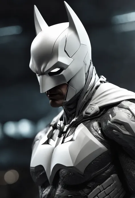 A realistic white batman in a titanium cybernetic suit, detalhado, designe perfeito, alta qualidade arestas perfeitas e simetricas  ::n_desenho de estilo, Low-quality imperfection, boneco, game, anime