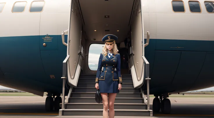 Seraphina in her captains hat, standing proudly beside the private jet.