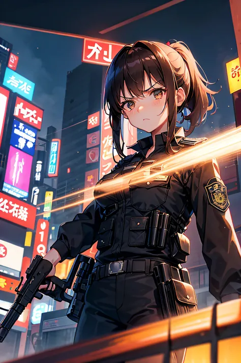 Serious looking, Stressed, Harsh, Slightly depressed, Saw violence a lot, Anime girl, Brown hair, Messy hair, Short Brown ponytail,Short hair, brown eyes, In shape, Dark blue uniform, Formal uniform, On-Duty, Looking at viewer, tactical gears, Police gears...