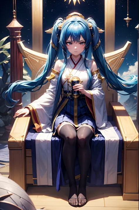 starnight, fullbody, miko, twintails, floating hair, angry, Blue priestess uniform, throne, anime style, anime, drop shadow, best quality, 4K, award winning, super detail, textured skin