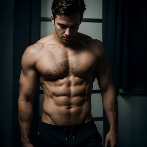 instagram photoshoot, male 30yo, posing to highlight his toned body, moody atmosphere, colour grading, high resolution