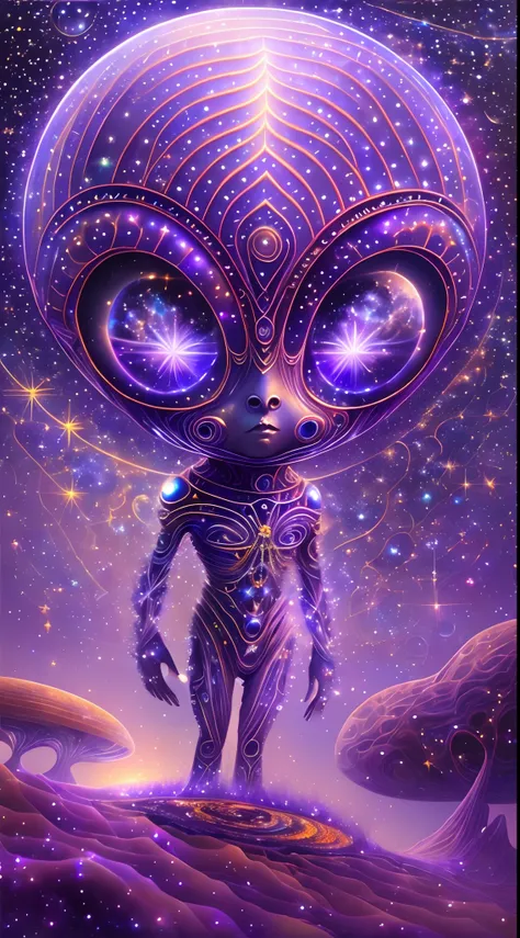 (Best quality,Ultra-detailed,Realistic:1.37), Extraterrestrial life forms, Glowing ethereal eyes, Intricate alien characteristics,[(((Glassy skin transparent alien)))+purpleish color], Vibrant colors, celestial background, Cosmic atmosphere, mystical aura,...