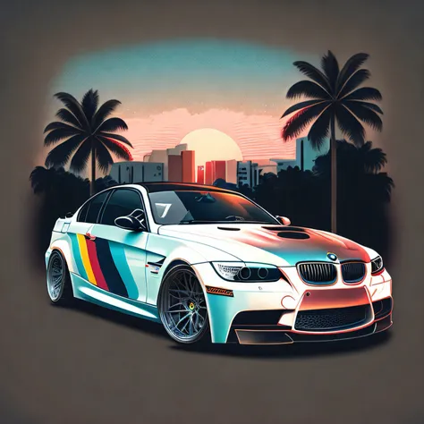 Artwork for t-shirt graphic design, a retro graphic design, Bmw M3 E90, miami street, soft four color color, vintage pastel tone, highly detailed clean, vector image, realistic masterpiece, professional photography, realistic car, simple car sunrise backgr...