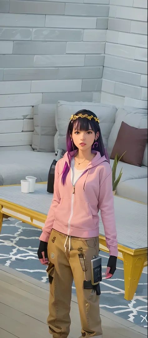 there is a woman with purple hair and a pink jacket, black haired girl wearing hoodie, in game, in-game, in - game, realistic young anime girl, fashion gameplay screenshot, girl wearing hoodie, wearing a laurel wreath, female character, wearing a hoodie an...