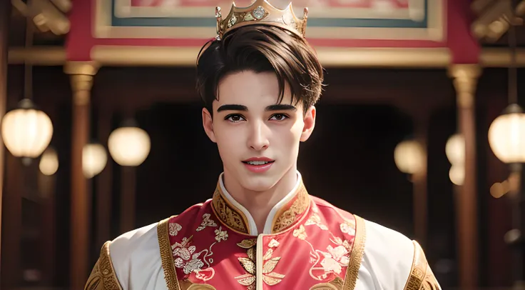 (((Men only))), ((head shot)), ((Pietro Boselli)),  ((wearing an pink Indonesian traditional costume)), ((wearing a crown on his head)), (Indonesian traditional costume reflects the diverse cultures of the nation, featuring vibrant fabrics, intricate patte...