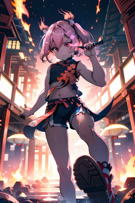 A pink-haired、poneyTail、chinese clothes、Sleeveless、shortpants、Blunt bangs、Short ponytail、Side Up、Photorealsitic, hight resolution, 1 rapariga, Korea person, Eye of Fire