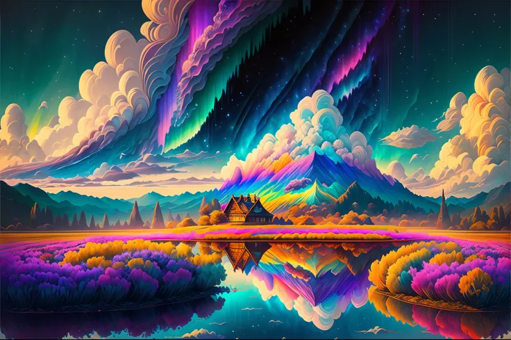 (Best quality), (masterpiece:1.3), Fantastic Magic World, Psychedelic clouds, Iridescent clouds, Scenic center, colored clouds, water reflections, aurora