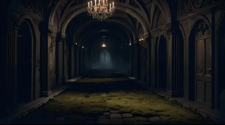 A 200-year-old haunted corridor covered in dust and moss, illuminated by a searchlight at night. The corridor creates an eerie ambience with its asymmetrical structure. The film still captures the haunting beauty of this decaying space. The high-resolution...