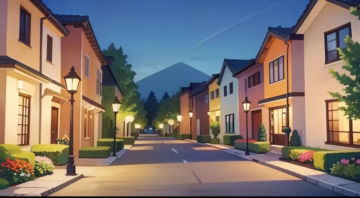 Landscape painting of a beautiful residential area、Natural Color、Will、apartament、street lamp