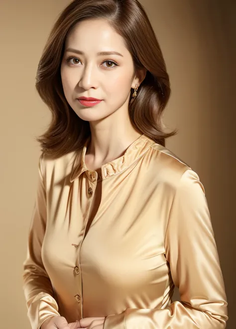 masterpiece,best quality, (1 milf), ((portrait:1.5)), ((looking at the viewer)), makeup, elegant beige shirt, touch own chest, ((seduction expression)),