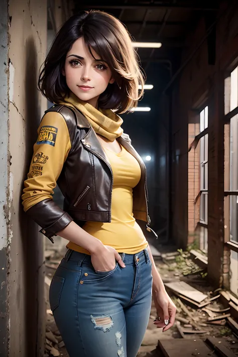 Lucy Verasamy, viewed from side, smiling, hands in pockets, worn jeans, shapely legs, short brown leather jacket, yellow t-shirt, patterned scarf, posing in gloomy abandoned factory, deserted, night, dark, faded graffiti, ivy growing up walls, rubble, ligh...