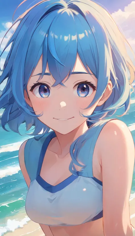 Blue hair color、glowing brown eyes、shoulder-length hair、Smaller face、a small nose、big eye、small ears、tiny chest、pale pink cheeks、Girl in her 20s、A smile、sea the background of、Splash、A little grumpy face、