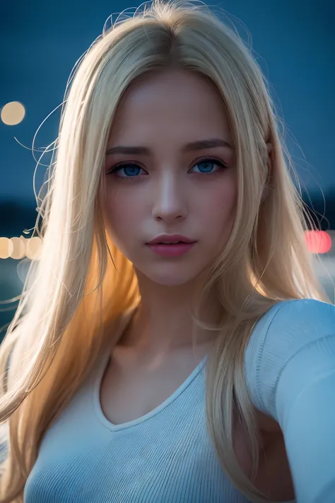 ((At night city lights in the background)), RAW photo, (((extremely beautiful portrait))), ((shiny skin)), 1girl, 31 years old, girl from Prague, ((natural blonde hair)), [blue eyes], long hair, eyeliner, flowing hair, vibration, ((masterpiece, best qualit...