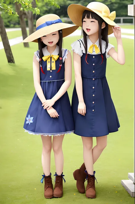 女の子1人、blue ribbons、florals、Hats、Windy, Thats why Im wearing a hat、Yawning face、Longer dress、length hair、brown haired、bow ribbon、Sleeveless、a straw fedora hat、Eye Up、yellow  eyes、Urban Park、butterflys々is flying、kawaii pose、Im wearing cute boots