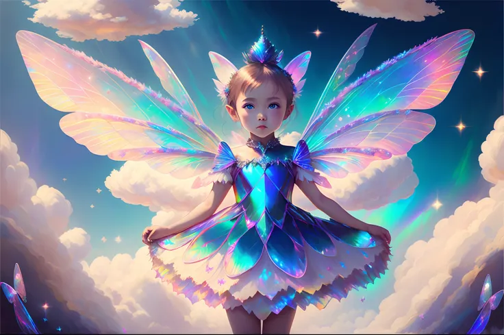 (Best quality), (masterpiece:1.3), Fantastic Magic World, Psychedelic clouds, Iridescent clouds, aurora, A girl, high-waisted dress, costume-centered, deep blue eyes, (Wearing fairy wings of Iridescent effect:1.5), Full body, aerial turn, leaning forward