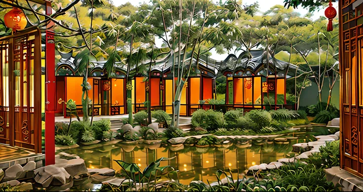 Design a Chinese-style courtyard，Su Zong garden style，There is bamboo repair in the yard，banana，age-old tree，pools of water，Tinbu