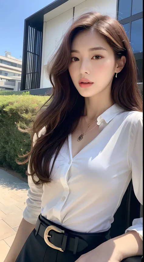 (Best quality, High resolution, Masterpiece :1.3), A tall and pretty woman, Slender abs, Dark brown hair styled in loose waves, Breasts, Wearing pendant, White button up shirt, Belt, Black skirt, (Modern architecture in background), Details exquisitely ren...