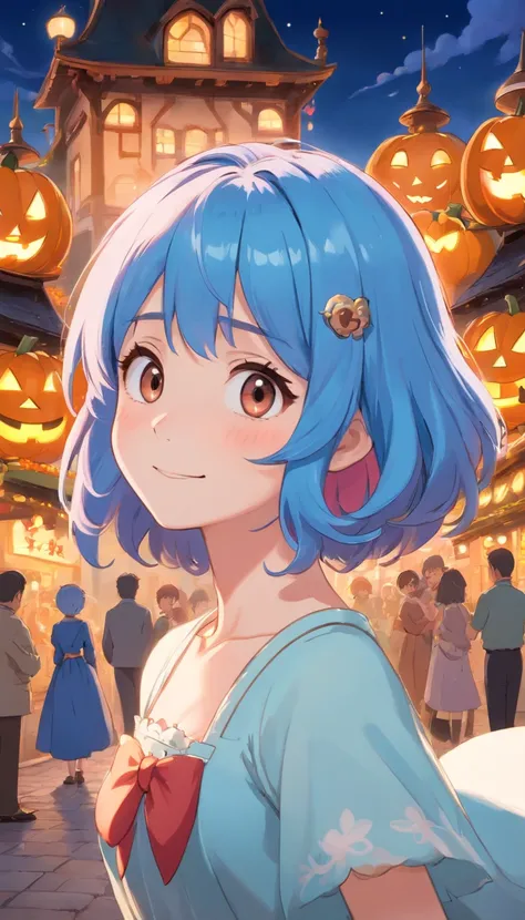 Blue hair color、glowing brown eyes、Longhaire、Smaller face、a small nose、big eye、small ears、tiny chest、pale pink cheeks、Girl in her 20s、A smile、Disneyland Background、A little grumpy face、Wearing a dress、Halloween