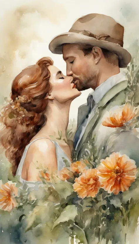 Beautiful, highly detailed, high resolution, 8k A guy presses his nose against hers,  she is hold a bunch of sage colored flowers