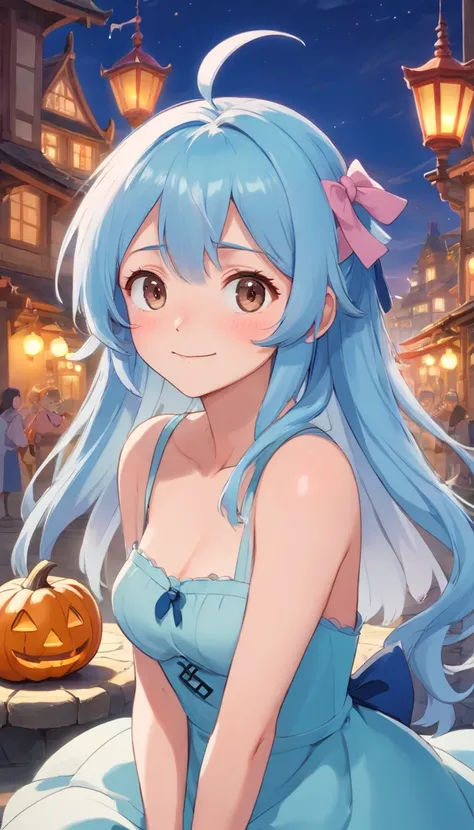 Light blue hair color、glowing brown eyes、Longhaire、Smaller face、a small nose、big eye、small ears、tiny chest、pale pink cheeks、Girl in her 20s、A smile、Disneyland Background、A little grumpy face、Wearing a dress、Halloween Cosplay