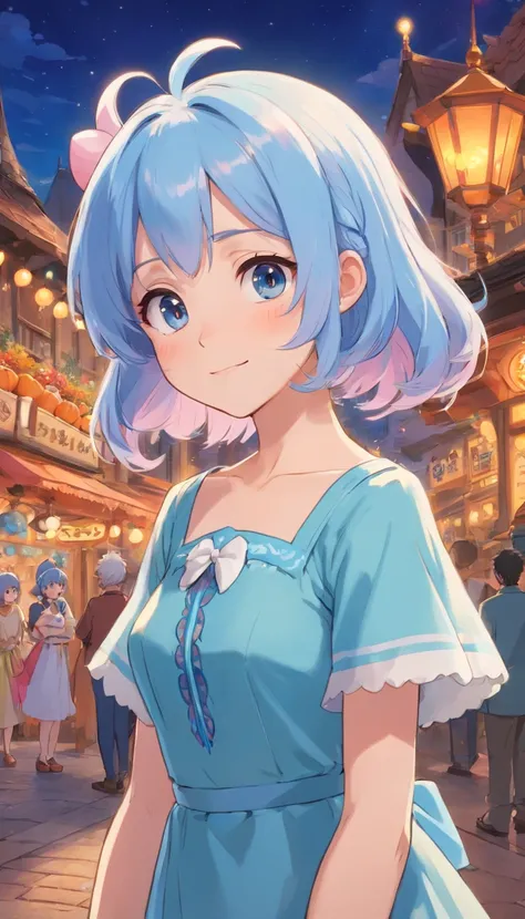 Light blue hair color、glowing brown eyes、Longhaire、Smaller face、a small nose、big eye、small ears、tiny chest、pale pink cheeks、Girl in her 20s、A smile、Disneyland Background、A little grumpy face、Wearing a dress、Halloween Cosplay