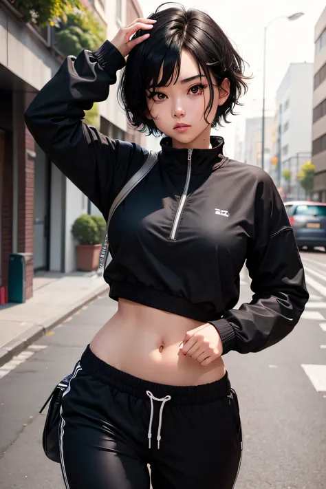 A girl looking upfront, short black hair, jogging pants