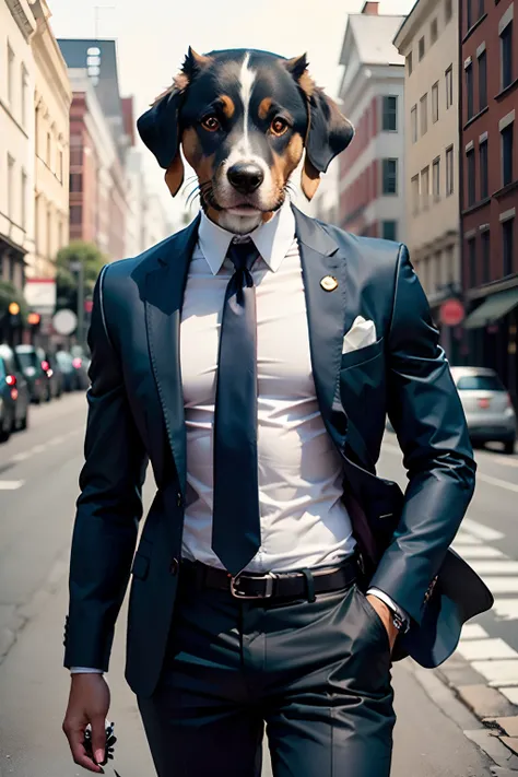 A dog with a human body wearing a suit