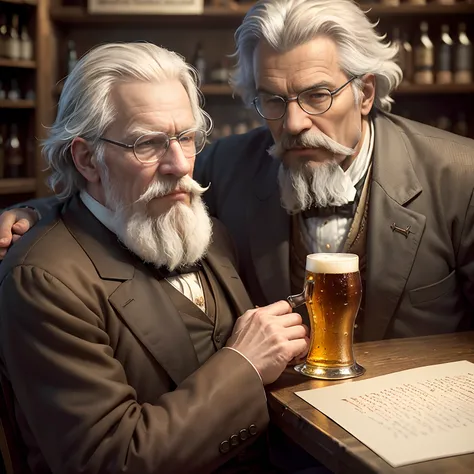 (best quality,masterpiece:1.2),complex lighting,(realistic,photorealistic,photo-realistic:1.37), Lev Tolstoy drinking beer with Mark Twain, English pub.