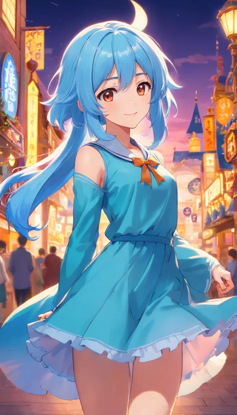 Light blue hair color、glowing brown eyes、Longhaire、Shoulder-length hairstyle、Smaller face、a small nose、big eye、small ears、tiny chest、pale pink cheeks、Girl in her 20s、A smile、Disneyland Background、A little grumpy face、Wearing a dress、Halloween、Cosplay