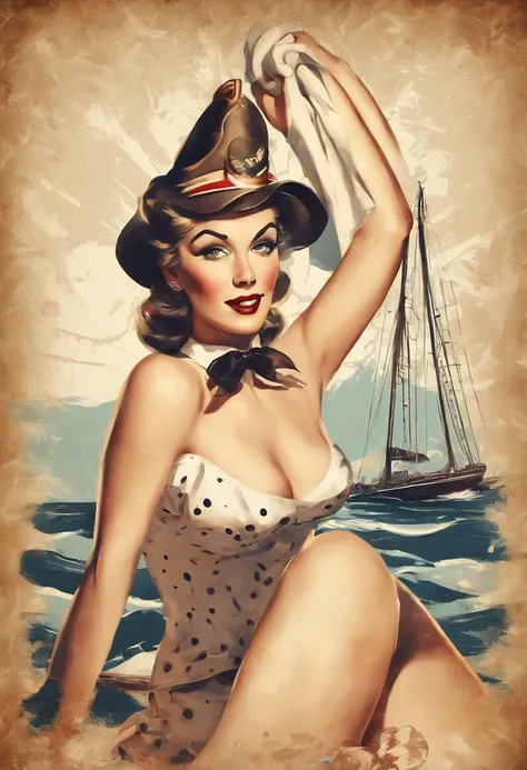 Retro vintage art print, poster of a sexy, glamorous pin-up girl wearing a sailors hat, topless, bikini and polka dot stockings