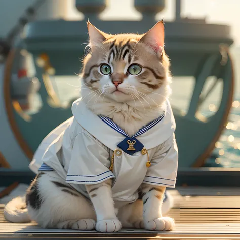 A cute round-eyed cat, Wear a sailor suit, On the deck of a large ship, sunraise.