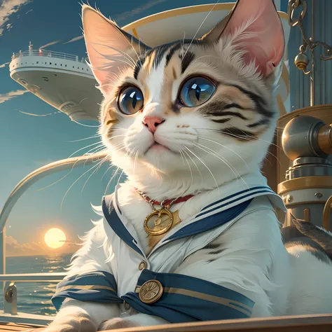 A cute round-eyed cat, Wear a sailor suit, On the deck of a large ship, sunraise.