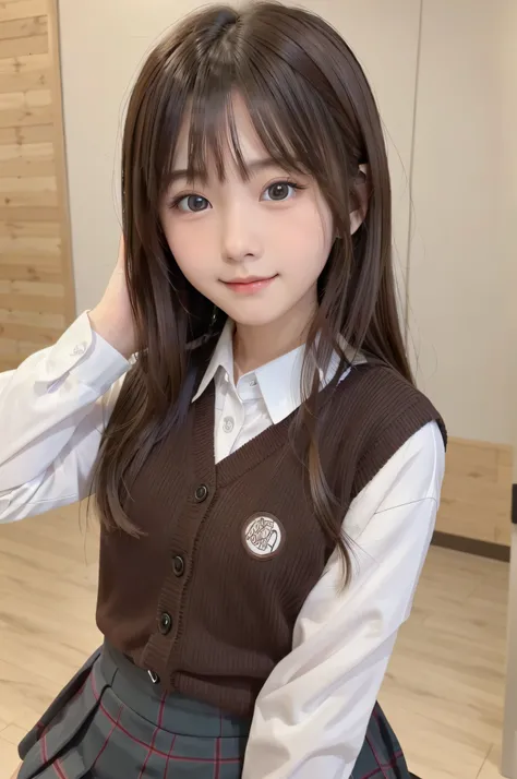 1４Year old woman、soio、brown haired、beautidful eyes、real looking skin、A detailed eye、hi-school girl、(8K、​masterpiece)、(reallistic、Photorealsitic)、top-quality、ighly detailed、The ultra-detailliert、Beautie、cute little、chineseidol、a smile、Close-up portrait、Heal...