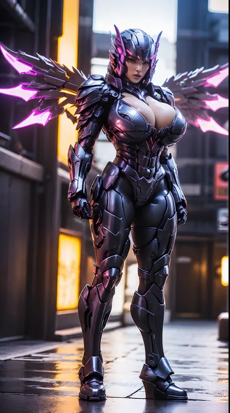 HUGE BOOBS, MECHA ARMOR FULL SUIT, (CLEAVAGE), (A PAIR LARGEST WINGS), TRANSPARANT, TALL LEGS, STANDING, SEXY BODY, MUSCLE ABS.