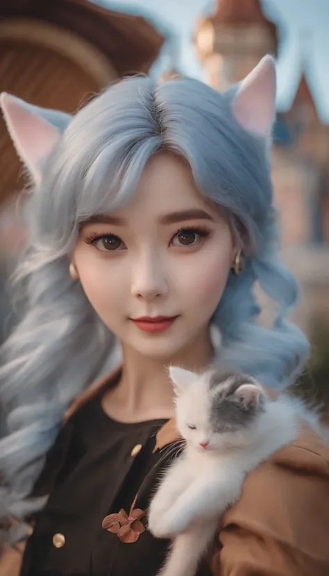 Light blue hair color、glowing brown eyes、Longhaire、Shoulder-length hairstyle、Smaller face、a small nose、big eye、small ears、tiny chest、pale pink cheeks、Girl in her 20s、A smile、Disneyland Background、A little grumpy face、Wearing a dress、Halloween、Cosplay、cat e...