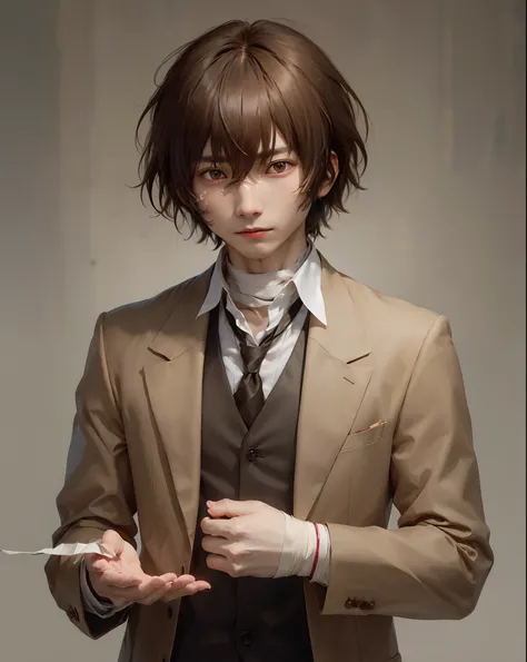 upper body, solo, male focus, 1boy, dazai osamu, expressionless, brown jacket, bandages, Glowing brown eyes, Realistic ultra detail 7mm