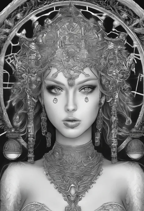 （best qualtiy，ultra - detailed，Most Best Illustration，Best shadow，tmasterpiece，A high resolution，professionalartwork，famousartwork），Detailed eyes，beautidful eyes，closeup cleavage，sci-fy，colored sclera，Robot eyes，face markings，Tattooed with，（fractalized，Fra...