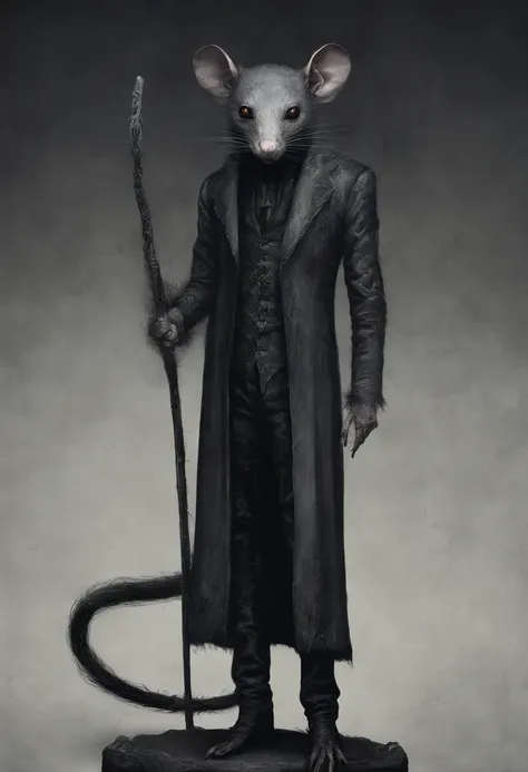 A tall, skinny, broad-shouldered anthropomorphic gray rat with a black muzzle. The eyes shine ominously. Black, long hair, combed back and braided. Wears a dark, long coat.