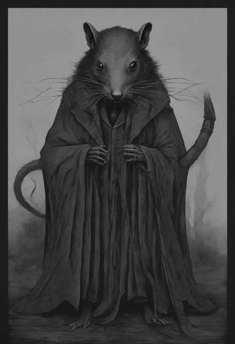 A tall, skinny, broad-shouldered anthropomorphic gray rat with a black muzzle. The eyes shine ominously. Black, long hair, combed back and braided. Wears a dark, long coat.