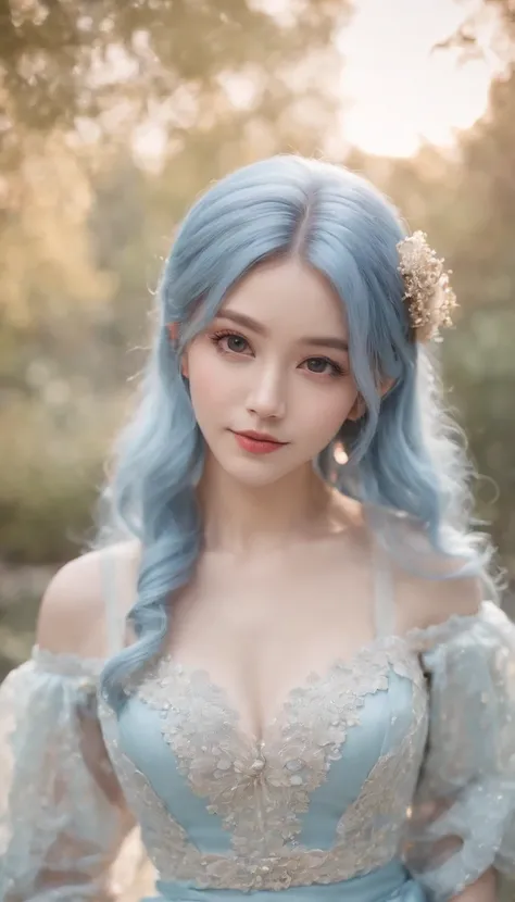 Light blue hair color、glowing brown eyes、Longhaire、Shoulder-length hairstyle、Smaller face、a small nose、big eye、small ears、tiny chest、pale pink cheeks、Girl in her 20s、A smile、Disneyland Background、A little grumpy face、Wearing a dress、Halloween Party、Cosplay...