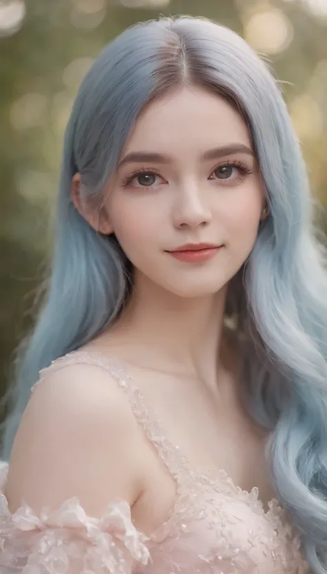 Light blue hair color、glowing brown eyes、Longhaire、Shoulder-length hairstyle、Smaller face、a small nose、big eye、small ears、tiny chest、pale pink cheeks、Girl in her 20s、A smile、Disneyland Background、A little grumpy face、Wearing a dress、Halloween Party、Cosplay...