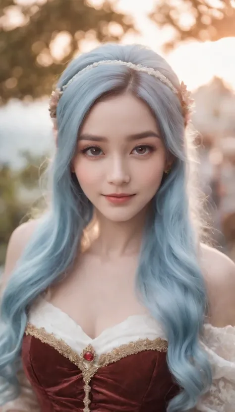 Light blue hair color、glowing brown eyes、Longhaire、Shoulder-length hairstyle、Smaller face、a small nose、big eye、small ears、tiny chest、pale pink cheeks、Girl in her 20s、A smile、Disneyland Background、A little grumpy face、Wearing a dress、Halloween Party、Cosplay...