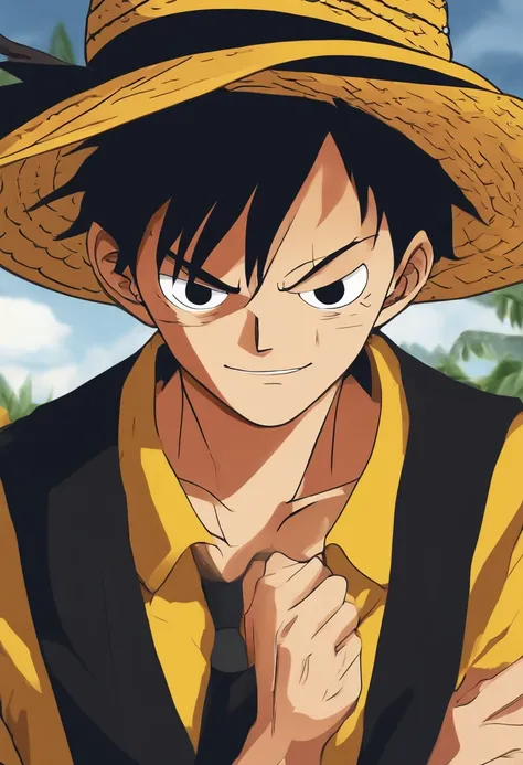 Monkey D. Luffy, close up shot, an illustration of one piece one piece character, straw hat, handsome, in the style of minimalist avatar, black and yellow, tondo, brooding mood --ar 16:9